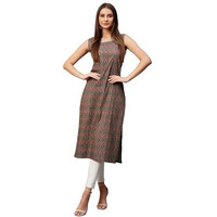 Gosriki Women's Cotton Blend Straight Printed Kurti (Ranchi Brown-Gs_Xl_Brown_X-Large)