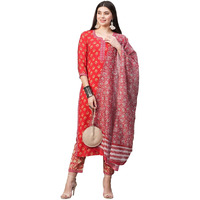 Gosriki Women's Cotton Blend Printed Straight Kurta With Pant & Dupatta (Tasya Red-Nw-Gs_S_Red_Small)