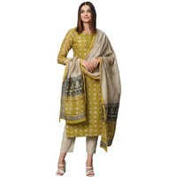 Gosriki Women's Chanderi Cotton Straight Printed Kurta With Pant & Dupatta (Stamp Green-Gs_S_Green_Small)