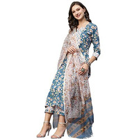 Gosriki Women's Cotton Blend Straight Printed Kurta With Pant & Dupatta (Kuntu Blue-Gs_4Xl_Blue_Xxxx-Large)