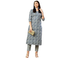 Gosriki Women's Cotton Blend Straight Printed Kurta With Pant (Nirjal Blue-Gs_S_Blue_Small)