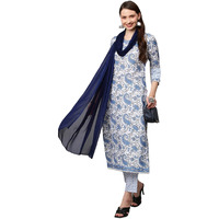 Gosriki Women's Cotton Blend Printed Straight Kurta With Pant & Dupatta (Please-Nw-Blue_M-Gs_Blue_Medium)