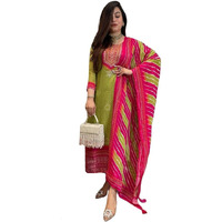 Gosriki Women's Rayon Viscose Straight Bandhej Printed Kurta With Pant & Dupatta (Navima Green-Gs_M_Green_Medium)