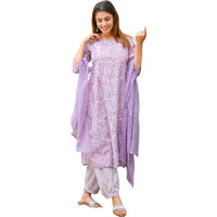 Gosriki Women's Rayon Blend Straight Printed Kurta With Pant & Dupatta (Welco-Purple-Gs_Xxl_Purple_Xx-Large)