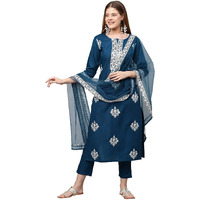 Gosriki Women's Cotton Blend Straight Embroidered Kurta With Pant & Dupatta (Weekend Rama-New_L-Go_Rama_Large)