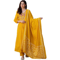 Gosriki Women's Rayon Viscose Embroidered Anarkali Kurta With Pant & Dupatta (Kanota Yellow-Vks06-Gs_S_Yellow_Small)