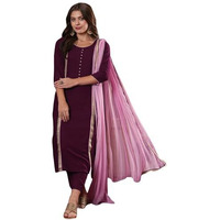Gosriki Women's Cotton Blend Straight Solid Kurta With Pant & Dupatta (Dhulipala Wine-Vks01-Gs_Xxl_Wine_Xx-Large)
