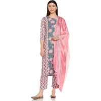 Gosriki Women's Cotton Blend Printed Straight Kurta With Pant & Dupatta (Rinki Grey_Xxl-Go_Grey_Xx-Large)