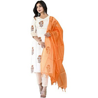 Gosriki Women's Cotton Blend Straight Printed Kurta With Pant & Dupatta (Saganeri-Orange-Cmd-Gs_S_Orange_Small)