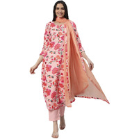 Gosriki Women's Cotton Blend Printed Straight Kurta With Pant & Dupatta (Water-Peach-Gs_Xxl_Peach_Xx-Large)