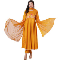 Gosriki Women's Rayon Viscose Anarkali Embroidered Kurta With Pant & Dupatta (Sikaro Yellow-Gs_M_Yellow_Medium)