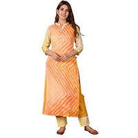 Gosriki Women's Cotton Blend Straight Printed Kurta With Pant (Isha-Orange_M-Go Orange_Medium)