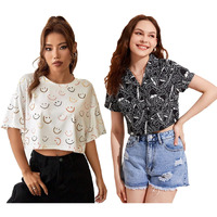 Toplot Women's Casual Printed Crop Top With Short Sleeve Pack Of 2 (Combo-5135-Blk-Sml-Xl)