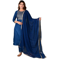 Gosriki Women's Cotton Straight Solid Kurta With Pant & Dupatta (Pisa New Blue_Xl-Go_Blue_X-Large)