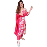 Gosriki Women's Cotton Blend Embroidered Floral Printed Straight Kurta With Pant & Dupatta (Litup-Red-Gs_S_Red_Small)
