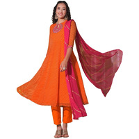 Gosriki Women's Rayon Viscose Anarkali Leheriya Embroidered Kurta With Pant & Dupatta (Ustaad Orange-Vks01-Gs_S_Orange_Small)