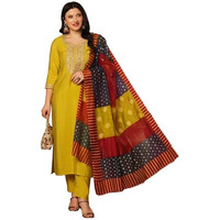 Gosriki Women's Rayon Viscose Embroidered Straight Kurta With Pant & Dupatta (Jennu Mehandi-Vks01-Gs_M_Mehandi_Medium)