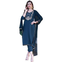 Gosriki Women's Cotton Blend Embroidered Straight Kurta With Pant & Dupatta (Bgm Kerosin-Gs_L_Dark Blue_Large)