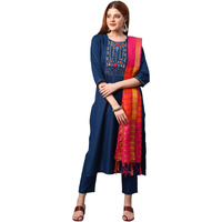 Gosriki Women's Cotton Blend Straight Solid Kurta With Pant & Dupatta (Acdt-Cerosin-Gs_S_Dark Blue_Small)