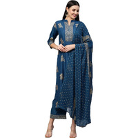 Gosriki Women's Cotton Blend Straight Embellished Kurta With Palazzo & Dupatta (Farida Blue_Xxl-Go_Blue_Xx-Large)