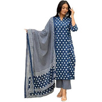 Gosriki Women's Cotton Blend Straight Printed Kurta With Pant & Dupatta (Lotoji Blue-Gs_M_Blue_Medium)