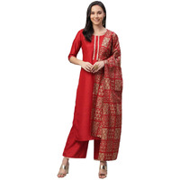 Gosriki Women's Cotton Regular Kurta With Palazzo (Sonari Red_S_Go Small)