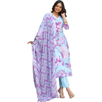 Gosriki Women's Cotton Blend Straight Printed Kurta With Pant & Dupatta (Sohini Light Blue-Nw-Gs_S_Light Blue_Small)