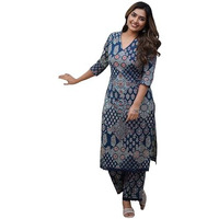 Gosriki Women's Rayon Viscose Straight Printed Kurta With Pant (Kadai Blue-Gs_S_Blue_Small)