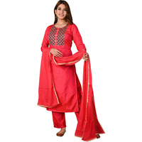 Gosriki Women's Silk Blend Straight Printed Kurta With Pant And Dupatta (Tia-Red_Xl-Go Red_X-Large)
