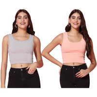Toplot Women's Combo Solid Ribbed Scoop Neck Sleeveless Slim Fit Tank Top Pack Of 2 (Combo-5069-Gry-Pch-L)
