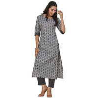 Gosriki Women's Cotton Blend Printed Straight Kurta With Pant (Twnkl-Grey-Gs_Xxl_Grey_Xx-Large)