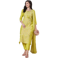 Gosriki Women's Rayon Viscose Embroidered Straight Kurta With Pant & Dupatta (Kochi Lime-Gs_S_Lime_Small)