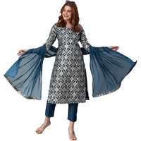 Gosriki Women's Banarasi Woven Straight Embellished Printed Kurta With Pant & Dupatta (Kabzaa-Cerosin-Gs_Xl_Dark Blue_X-Large)
