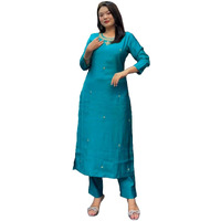 Gosriki Women's Rayon Blend Straight Embroidered Kurta With Pant (Bloom Sky Blue-Gs_S_Sky Blue_Small)