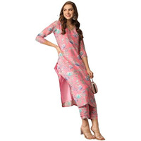 Gosriki Women's Cotton Blend Straight Printed Kurta With Pant (Madikari Pink-Nj-Gs_M_Pink_Medium)