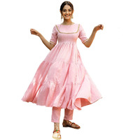 Gosriki Women's Cotton Anarkali Solid Kurta With Pant (Pink,Xl)