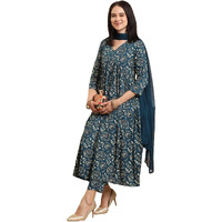 Gosriki Women's Rayon Blend Anarkali Printed Kurta With Pant & Dupatta (Dabu Kerosin-Vks06-Gs_Xl_Dark Blue_X-Large)