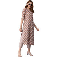 Gosriki Women's Cotton Blend Printed Straight Kurta With Pant (Funnu Brown-Nw-Gs_Xxl_Brown_Xx-Large)