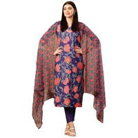 Gosriki Women's Cotton Blend Straight Printed Kurta With Pant & Dupatta (Fataki Begani-Gs_L_Violet_Large)
