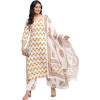 Gosriki Women's Pure Cotton Floral Printed Kurta,Palazzos And Dupatta (Jaipuri Yellow_Xl-Yellow_X-Large)