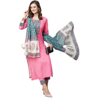 Gosriki Women's Cotton Blend Straight Printed Kurta With Pant & Dupatta (Nidhivan Pink-Nw-Gs_S_Pink_Small)