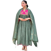 Gosriki Women's Rayon Viscose Embroidered Anarkali Kurta With Pant & Dupatta (Brics Pista-Vks01-Gs_Xl_Pista_X-Large)