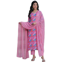 Gosriki Women's Cotton Blend Straight Printed Kurta With Pant & Dupatta (Mimansa Pink-Gs_M_Pink_Medium)