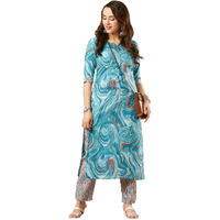Gosriki Women's Cotton Blend Straight Printed Kurta With Pant Set (Charan-Sky-Nrd-Gs_S_Sky Blue_Small)