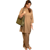 Gosriki Women's Rayon Viscose A-Line Solid Kurta With Pant (Banjara Beige-Gs_L_Beige_Large)