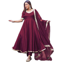 Gosriki Women's Rayon Blend Anarkali Solid Kurta With Pant & Dupatta (Shyam Wine-Vks01-Gs_Xl_Wine_X-Large)
