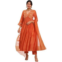 Gosriki Women's Rayon Viscose Anarkali Embroidered Kurta With Pant & Dupatta (Kanakam Orange-Vks02-Gs_Xl_Orange_X-Large)