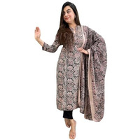 Gosriki Women's Rayon Blend Straight Printed Kurta With Pant & Dupatta (Vaarahi Black-Gs_Xl_Black_X-Large)