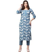 Gosriki Women's Cotton Blend Printed Straight Kurta With Pant (Pustak Blue-Gs_L_Blue_Large)