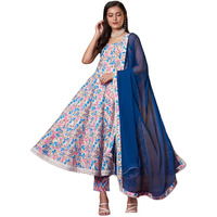 Gosriki Women's Rayon Viscose Printed Anarkali Kurta With Pant & Dupatta (Ritu Blue-Vks01-Gs_M_Blue_Medium)